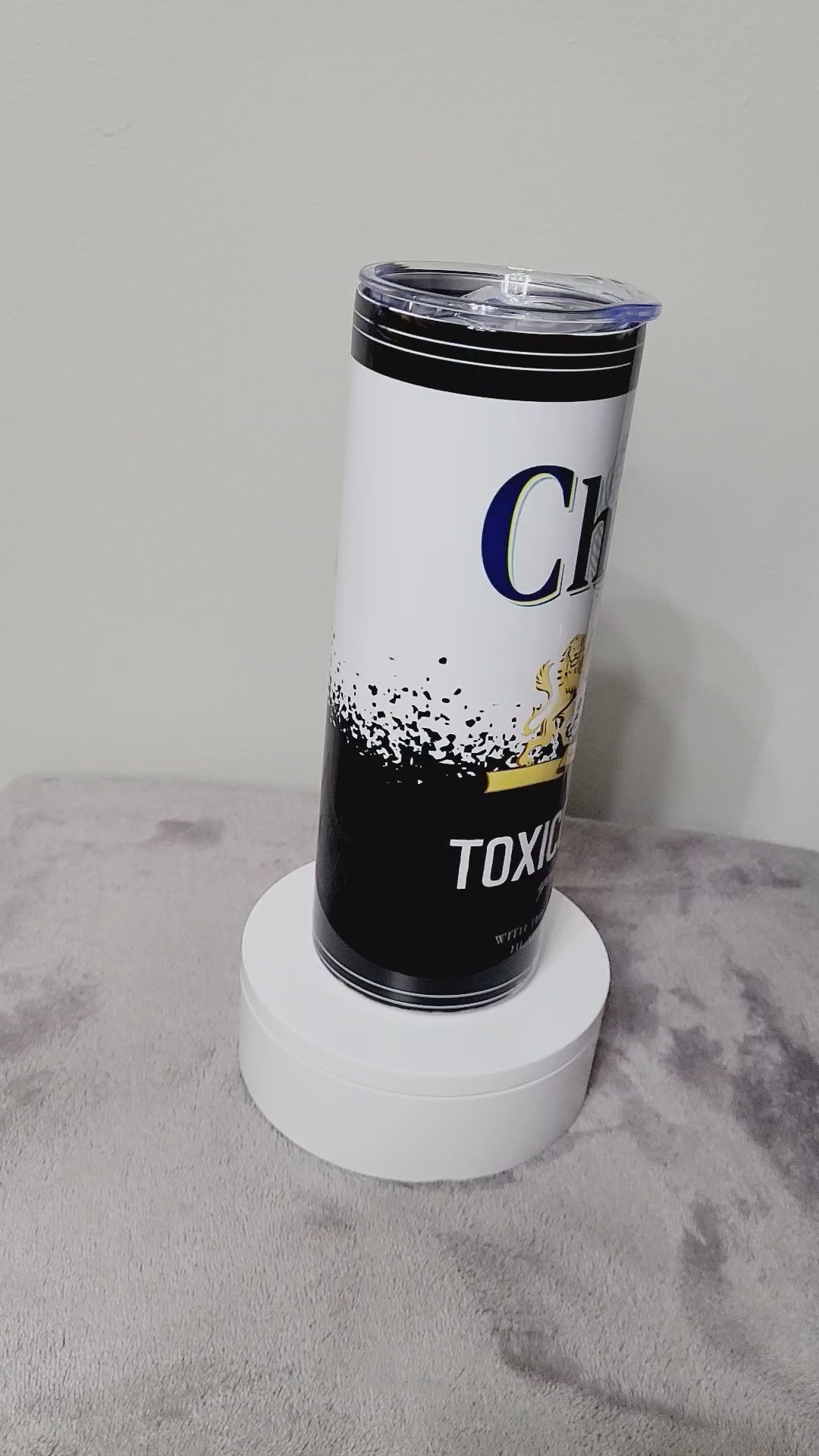 20oz. skinny tumbler. with a mexican phrase saying: chingon, toxico and guapo.