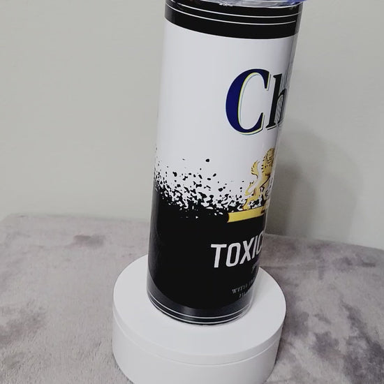 20oz. skinny tumbler. with a mexican phrase saying: chingon, toxico and guapo. 